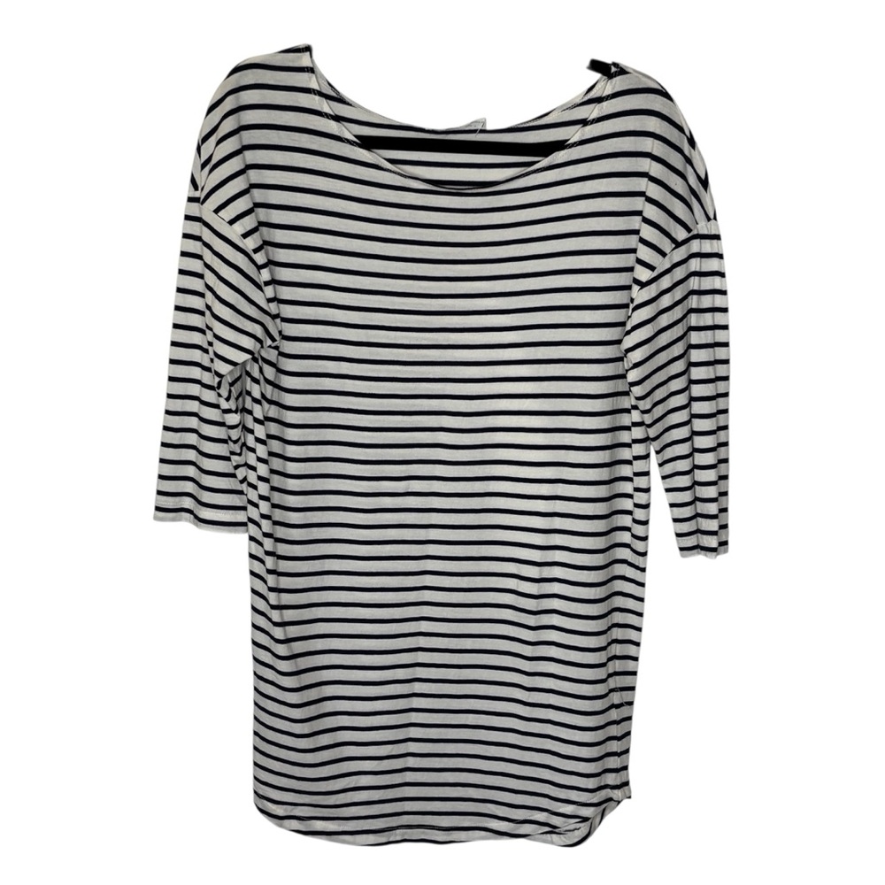 Zara Trafaluc Black White Striped 3/4 Sleeve Organic Cotton Wide Neck Top Size M